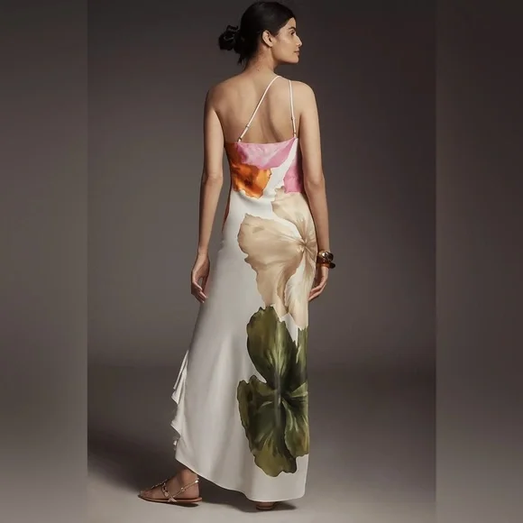 NWT! Anthropologie One-Shoulder Asymmetric Floral Maxi Dress - Size 2 🪐 - Picture 3 of 4